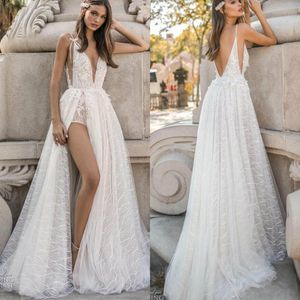 Line Berta A Beach Dresses Sexig High Side Split Lace Applique Backless Boho Wedding Dress Spaghetti V Neck Bridal Gowns Pplique