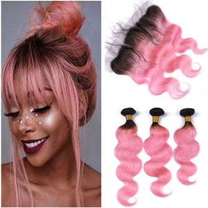 Body Wave 1B/Pink Ombre 13x4 Full Lace Frontal Closure with Weave Bundles Virgin Peruvian Human Hair Ombre Pink Hair Weaves with Frontals