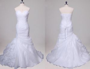 Prawdziwe zdjęcie Suknie ślubne Syrenki Tanie Sweetheart Neck Ruffles Gorset Back Court Train Organza Plus Size Wedding Suknie ślubne