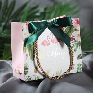 Flamingo Kraft Paper Bag With Handles and Ribbon Paper Gift Bags For Wedding Party Favors Small Bags Present Cookies Candy Cake