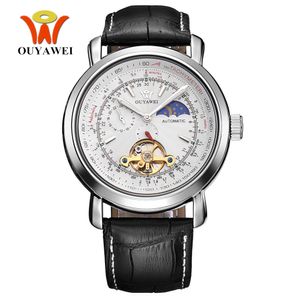 OYW Tourbillion Mechanical Men Skeleton Calendar Automatic Wristwatch Leather Strap White Fashion Waterproof Self Wind Watches