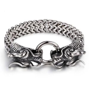 Punk Rock Vintage Stainless Steel Men Biker Bracelet Cool Double Dragon Head Male Jewelry Accessory Cool Mens Animal Double Mesh Chain Bangle Wristband