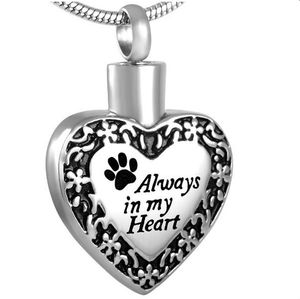 Sempre No Meu Coração Amor Urna Colares Coração Pet Cat Dog Paw Impressão Memorial Cremação Cinzas Titular Lembrança de Aço Inoxidável Jóias Pingente