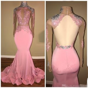 Kväll formella klänningar sjöjungfru mantel rosa sier paljetter spets appliced ​​prom party klänning illusion bodice sexig baksida långa ärmar