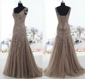 Vintage Actual Images Brown Mother of the Bride Dresses Mermaid V Neck Applique Beads Tulle Corset Custom Made Mother Formal Evening Gowns