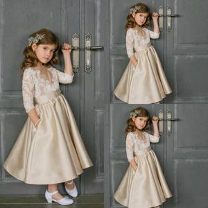 Champagne Flower Girls Dresses Jewel 3/4 Long Sleeves Birthday Gowns With Lace Applique Ankle-Length Custom Made Formal Party Dresses