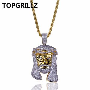 TOPGRILLZ Gold Color Plated Iecd Out HipHop Micro Pave CZ Stone Pharaoh Head Pendant Necklace With 60cm Rope Chain