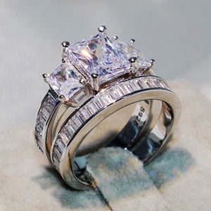 Victoria Wieck Choucong Helt nytt par 2st Ringar Lyxig smycken 925 Sterling Silver Tre Stone Princess Cut CZ Diamond Topaz Kvinnor Ring