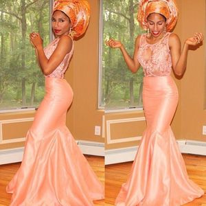 2022 Afrykańska koronkowa syrena wieczorowa sukienki Sheer Szyjka Taffeta brzoskwiniowy różowy pusty tył z tyłu formalny suknia konkursowa suknia taniej