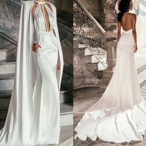 Elegancka Nowa Moda Syrenka Suknie Ślubne 2022 Z Owijaniem Wysokiej Jakości Satin Halter Sweep Pociąg Garden Custom Made Suknie Ślubne