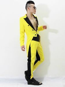 Fashion Yellow Tailcoat Men Wedding Tuxedos Morning Style Groom Tuxedos High Quality Men Formal Dinner Prom Suit(Jacket+Pants+Tie+Girdle)690