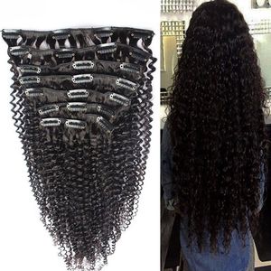 8 stycken / sätta brasiliansk kinky curly clip i hårförlängningar 100% jungfru mänskligt hår 100 gram klipp i naturliga lockiga brasilianska hårförlängningar