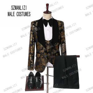 Abiti da uomo da sposa 2019 Nuovi disegni Gentleman Velvet Risvolto Slim Fit Black Gold Flower Party Groom Tuxedo per uomo 3 pezzi Suit