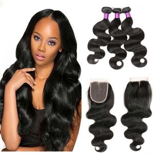 Peruvian Body Wave Hårbuntar med spetslås Obearbetat Remy Human Hair Weave med stängning Billiga Remy Human Hair Extensions