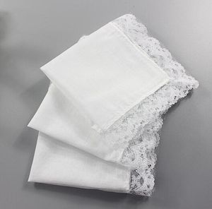 منديل Hankerchief الأبيض النقي مع الدانتيل عادي diy طباعة رسم hankies مناديل القطن جيب مربع 23 * 25 سم