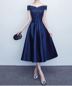 Navy Blue Mother of the Bride Dresses Tea Length Satin with Lace Off the Shoulder Lace-up Back Mother's Dresses Custom Made Plus Size