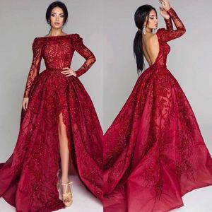 Burgundy Sparkly Prom Dresses Bateau Neck Backless Sequined Formal Evening Dress Sweep Train Thigh Slit Long Sleeve Reception Party Gowns
