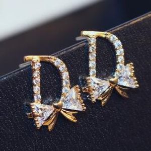 D-letter Brand Stud Earrings Plated 18k Gold Micro Set Zircon Bow Knot High end Earrings Korean Fashion Sweet Women Exquisite Earrings Jewelry Valentine's Day Gift spc