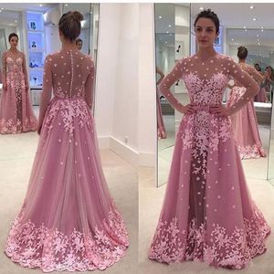 Pink Vintage Lace Overskirt Evening Dresses 2020 A Line illusion Long Sleeves Zuhair Murad Plus Size African Arabic Formal Prom Party Gowns