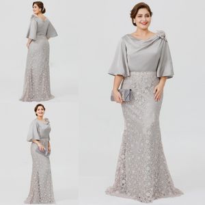 2019 neue silberne elegante Kleider für die Brautmutter Halbarm Spitze Meerjungfrau Hochzeitsgastkleid Plus Size formelle Abendkleider