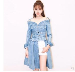 Yeni Tasarım Moda Kadınların Seksi Sıradan Bandaj Kapalı Omuz Uzun Kollu Denim Kot A-Line Singe Breasted High Cand Elbise S M L XL