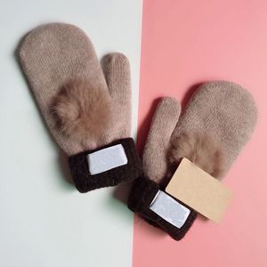 Woolen Women Gloves Warm And Brand Soft Winter Ladies Mittens Solid Colors Grace Rabbit Fur Ball Double Layer Adult Size