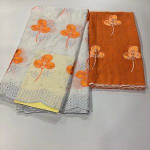 5Yards Fashion white african mesh cotton fabric embroidery and 2Yards orange flowers scarf french net lace set for dress HS4-3