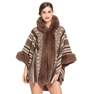 Ny Höst Vinter Kvinnors Loose Hooded Poncho Knitwear Faux Fur Collar Cuff Cardigan Shawl Cape Cloak Outwear Coat C3657