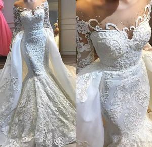 2019 Mermaid Wedding Dresses With Detachable Skirt Beaded Appliques Jewel Neck Lace Wedding Dress Long Sleeve Plus Size Country Bridal Gowns
