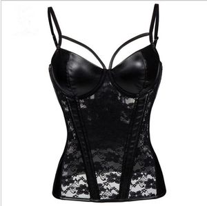 Kvinnor Svart Faux Läder Korsett Transparent Lace Patchwork Bustier Sexiga Spaghetti Straps Justerbar Body Shaper Corselet