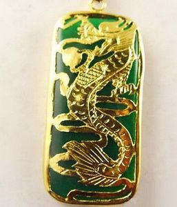 Emerald Green Jade Dragon Long Yellow Gold Plated Pendant Necklace