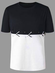 Fashionabla trender Lyxiga mångsidiga bekväma sommarfärgblock Lace Up Crew Neck Kort ärm Tee Men's T-shirt Casual Tee Clothing M-2XL