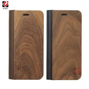 Amazon Natural Walnut Trä Läder Flip Trä Män Telefon Fodral för iPhone 6 7 8 Plus X XR 11 Pro Max Luxury Back Cover Shell