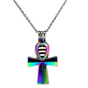 C677 Rainbow Color Egyptian Ankh Cross Beads Cage Pendant Essential Oil Diffuser Aromatherapy Pearl Cage Locket Pendant Necklace