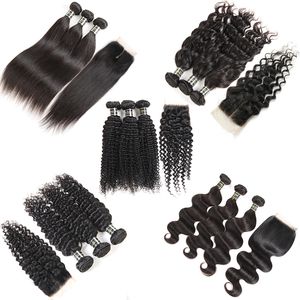 Brazilian Virgin Bundles with Body Deep Wave Kinky Curly Wet and Wavy Weaves 3bundles Human Hair Lace Closure