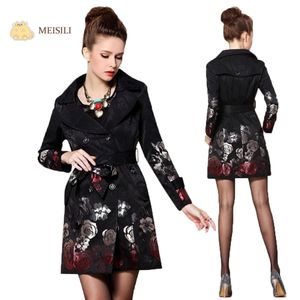 Trench Coat for Women Autumn Long Floral Print Black Jacquard Coat with Belt Turn-Down Collar Windbreaker Slim Women Outwear
