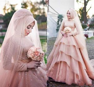 Lyxiga Mulsim Rosa Bröllopsklänningar Långärmade Tiers Sequins Arabiska Country Train Plus Size Vestido de Noiva Bridal Gown Boll för brud