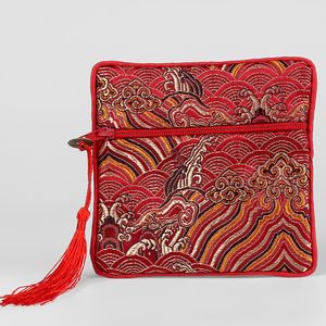 Seawater Small Zipper Purse Chinese Silk Brocade Jewelry Gift Bag Tassel Credit Card Holder Women Coin Wallet Storage Pouch 100pcs/lot