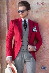 Maßgeschneidertes rotes Hochzeits-Bräutigam-Smoking mit einem Knopf und spitzem Revers, Herren-Blazer-Anzüge (Jacke + Hose + Weste + Krawatte) Nr.: 1535