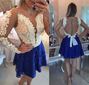 Billiga Royal Blue A Line Lace Homecoming Klänning Långärmad Applikationer Juniors Sweet 15 Graduation Cocktail Party Dress Plus Storlek Anpassad