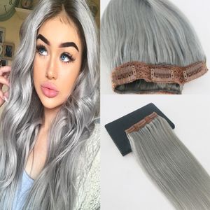 5 Clips One Piece Clip In Human Hair Extensions With Lace Straight Brazilian Virgin Hair Pure Color #silver