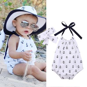 Baby Romper 2018 신생아 유아 의류 소녀 코튼 앵커 인쇄 민소매 Romper + Hairband 2Pcs 아기 유아 점프 썬 슈트