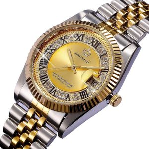 REGINALD Quartz Watch Men Datejust 18k Yellow Gold Fluted Bezel Pearl Diamond Dial Full Stainless Steel Luminous Clock