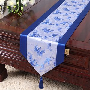 200x33 cm Koi Daisy Bamboo Pattern Chinese Silk Table Runner Dining Table Mat Decorative Christmas Table Cloth Rectangle Damask Coffee Pads