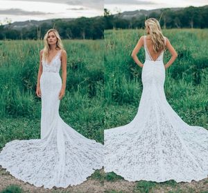 Sommer bohmian billiger Strand Meerjungfrau Spitze Applikat Deep v Neck Court Zug Rückenfreies Hochzeitskleid Brautkleid Mitte gemacht