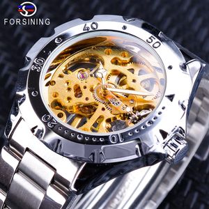 Forsining Silver Stainless Steel Gear Case Luminous Hands Golden Skeleton Clock Men's Mechanical Wristwatches Top Brand Luxury