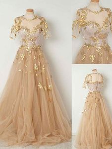 3D Flowers Golden Evening Dresses Short Sleeve Jewel Draped Beaded Applique Prom Dress Elegant Party Formella klänningar Real Image Custom Made Made
