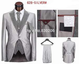 Yeni Tasarım Gümüş / Siyah Tepe Yaka Damat Smokin Groomsmen Blazer Mükemmel Erkekler Iş Balo Parti Suit (Ceket + Pantolon + Kravat + Yelek) NO: 947