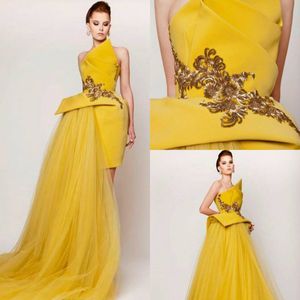 Żółty bez ramiączek Luksusowe sukienki 2019 Kobiety Specjalna Suknia Tulle Satyna Zroszony Seksowne Suknie Wieczorowe Zipper Appliqued Party Dress