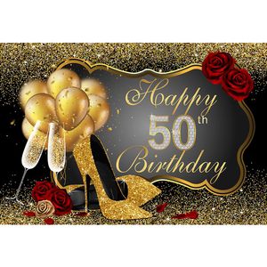 Happy 50th Birthday Party Backdrop Printed Gold Balloons High Heels Champagne Confetti Red Roses Custom Photo Booth Background